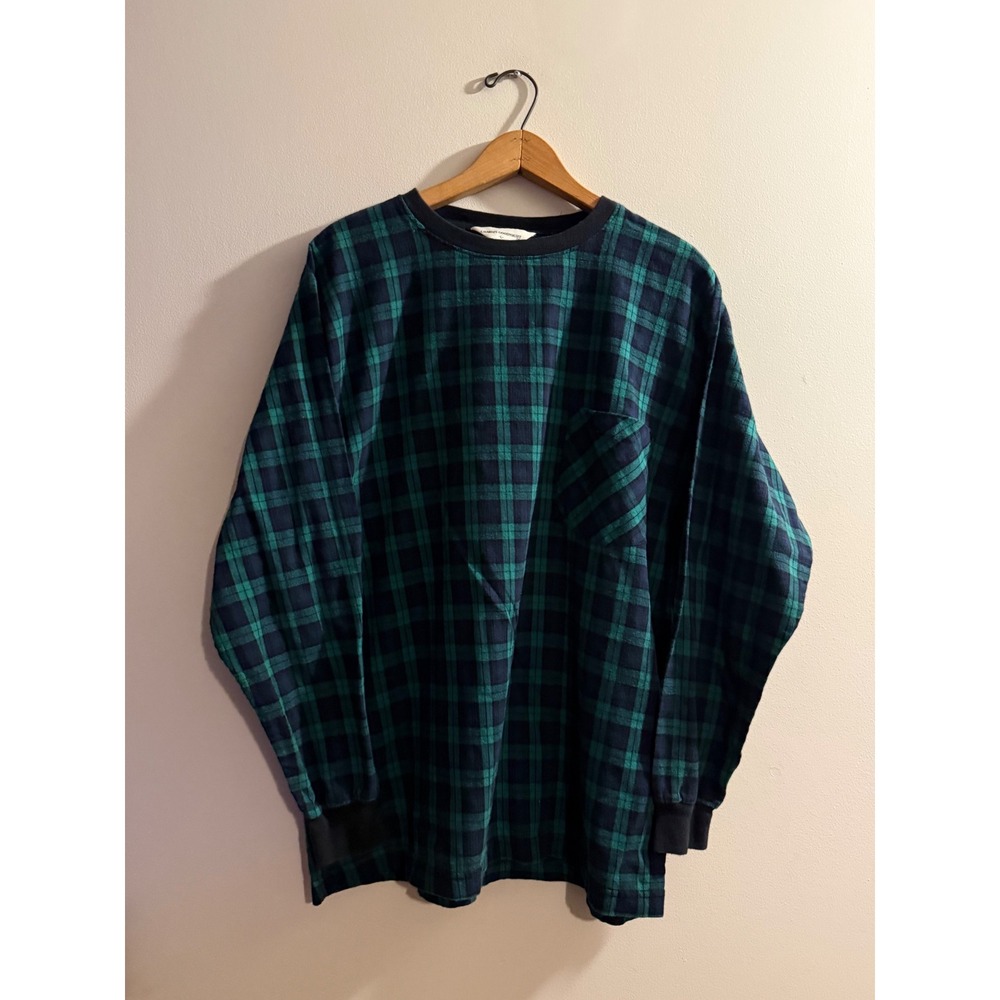 Vintage Charles Goodnight Mens Large Plaid Long Sleeve Pocket Tee Green Navy